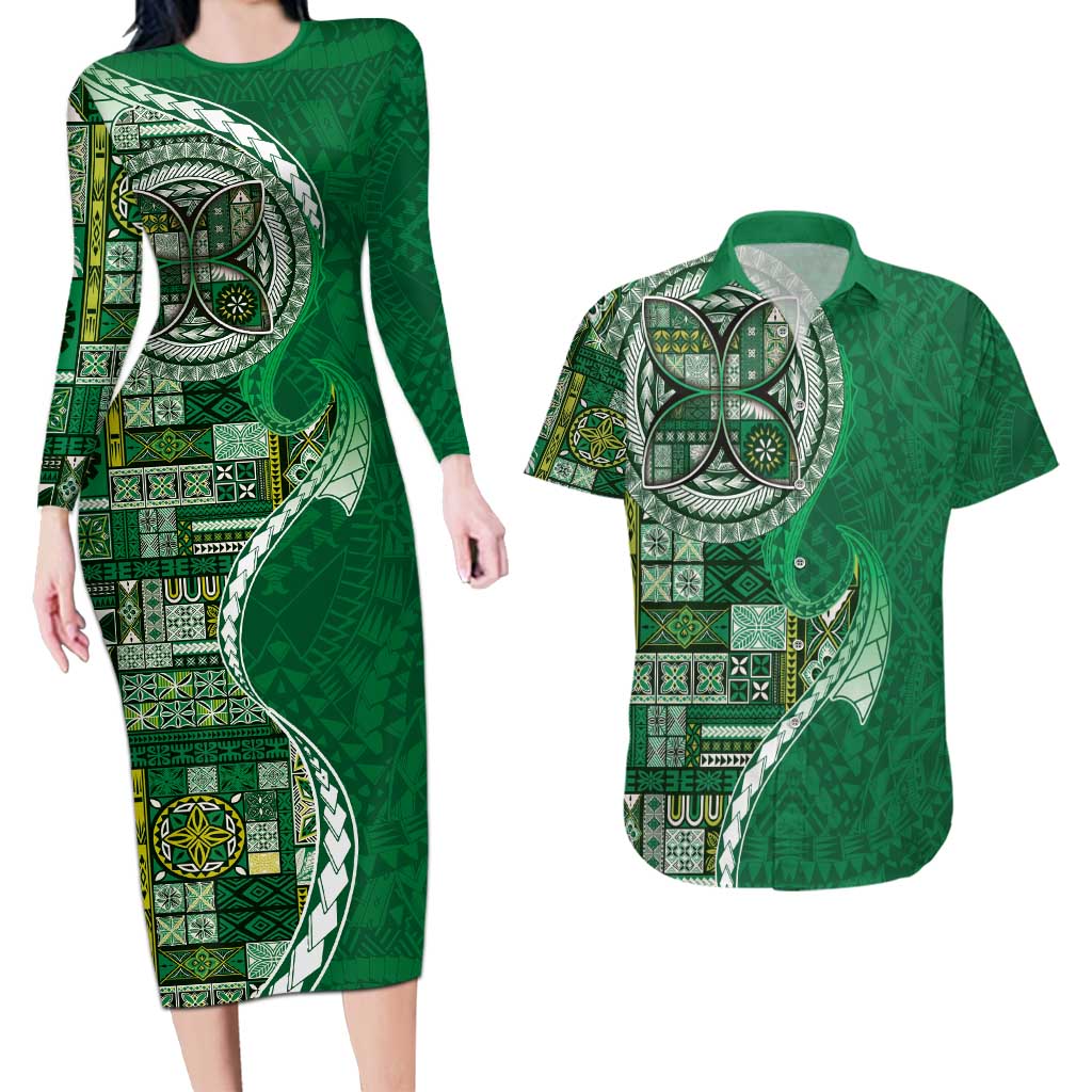 Samoan Siapo Art Tattoo Polynesian Pattern Couples Matching Long Sleeve Bodycon Dress and Hawaiian Shirt Green Color - Polynesian Pride