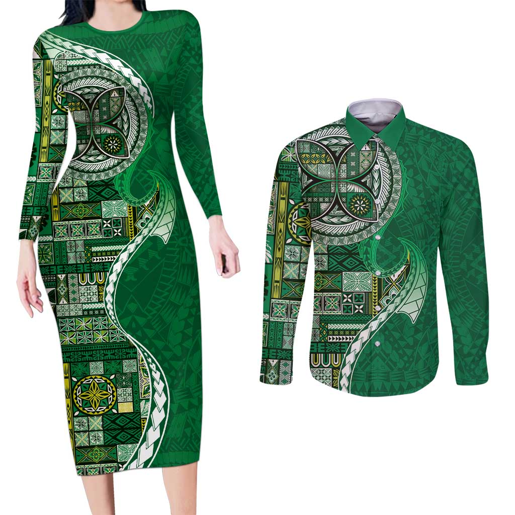 Samoan Siapo Art Tattoo Polynesian Pattern Couples Matching Long Sleeve Bodycon Dress and Long Sleeve Button Shirt Green Color - Polynesian Pride