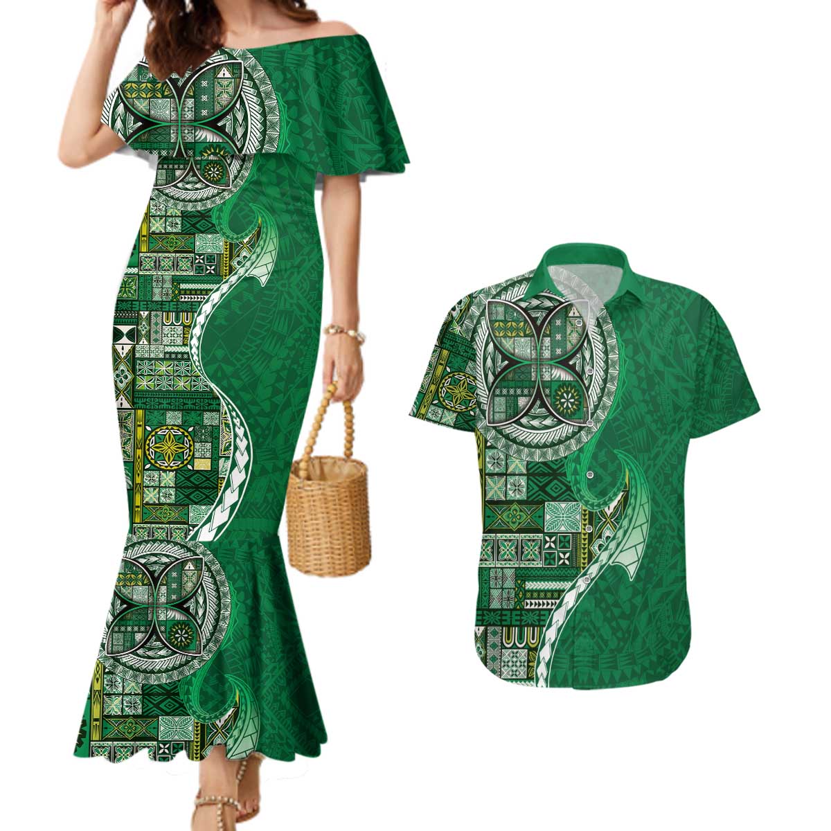 Samoan Siapo Art Tattoo Polynesian Pattern Couples Matching Mermaid Dress and Hawaiian Shirt Green Color - Polynesian Pride