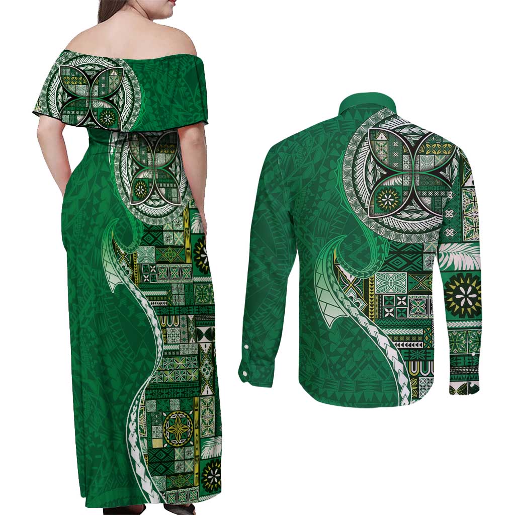 Samoan Siapo Art Tattoo Polynesian Pattern Couples Matching Off Shoulder Maxi Dress and Long Sleeve Button Shirt Green Color - Polynesian Pride