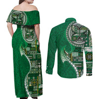 Samoan Siapo Art Tattoo Polynesian Pattern Couples Matching Off Shoulder Maxi Dress and Long Sleeve Button Shirt Green Color - Polynesian Pride