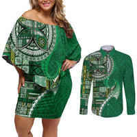 Samoan Siapo Art Tattoo Polynesian Pattern Couples Matching Off Shoulder Short Dress and Long Sleeve Button Shirt Green Color - Polynesian Pride