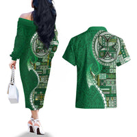 Samoan Siapo Art Tattoo Polynesian Pattern Couples Matching Off The Shoulder Long Sleeve Dress and Hawaiian Shirt Green Color - Polynesian Pride