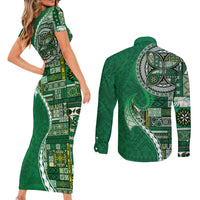 Samoan Siapo Art Tattoo Polynesian Pattern Couples Matching Short Sleeve Bodycon Dress and Long Sleeve Button Shirt Green Color - Polynesian Pride