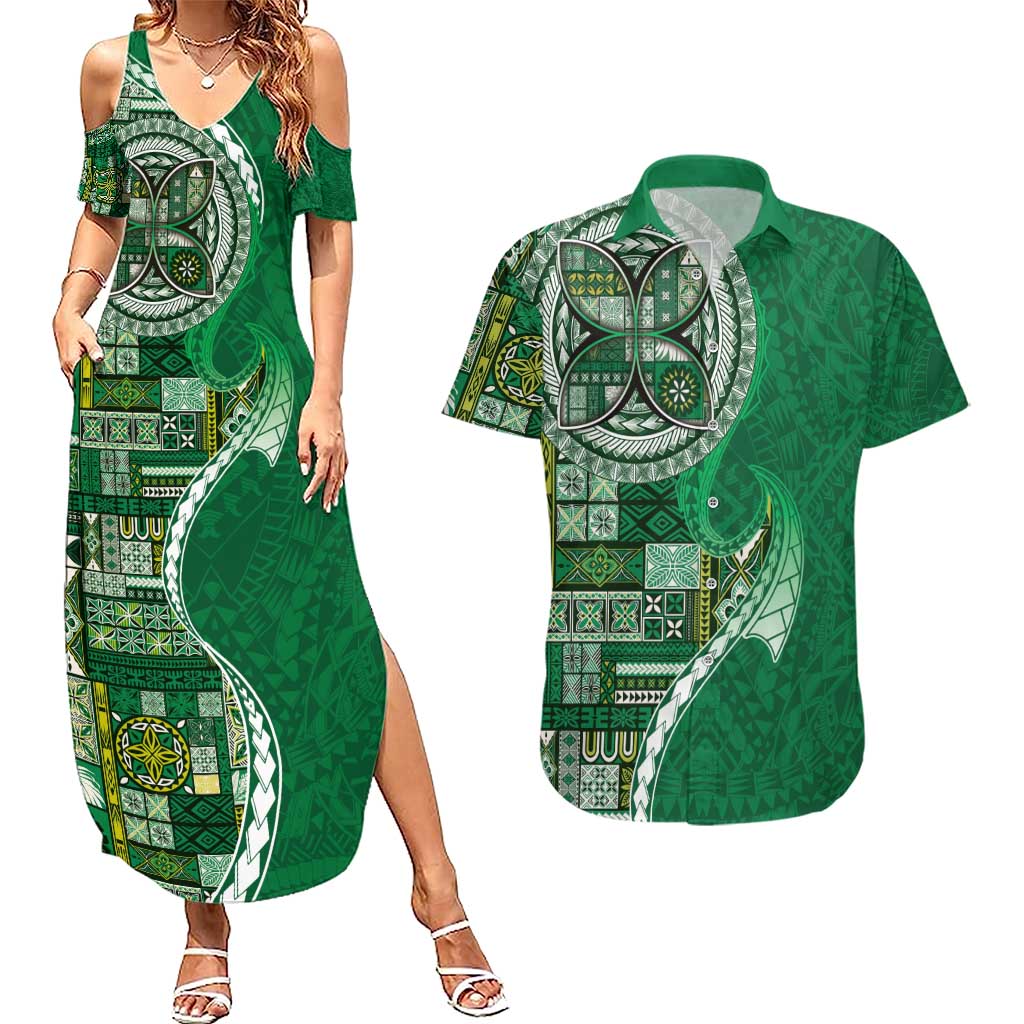 Samoan Siapo Art Tattoo Polynesian Pattern Couples Matching Summer Maxi Dress and Hawaiian Shirt Green Color - Polynesian Pride