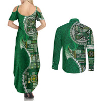 Samoan Siapo Art Tattoo Polynesian Pattern Couples Matching Summer Maxi Dress and Long Sleeve Button Shirt Green Color - Polynesian Pride