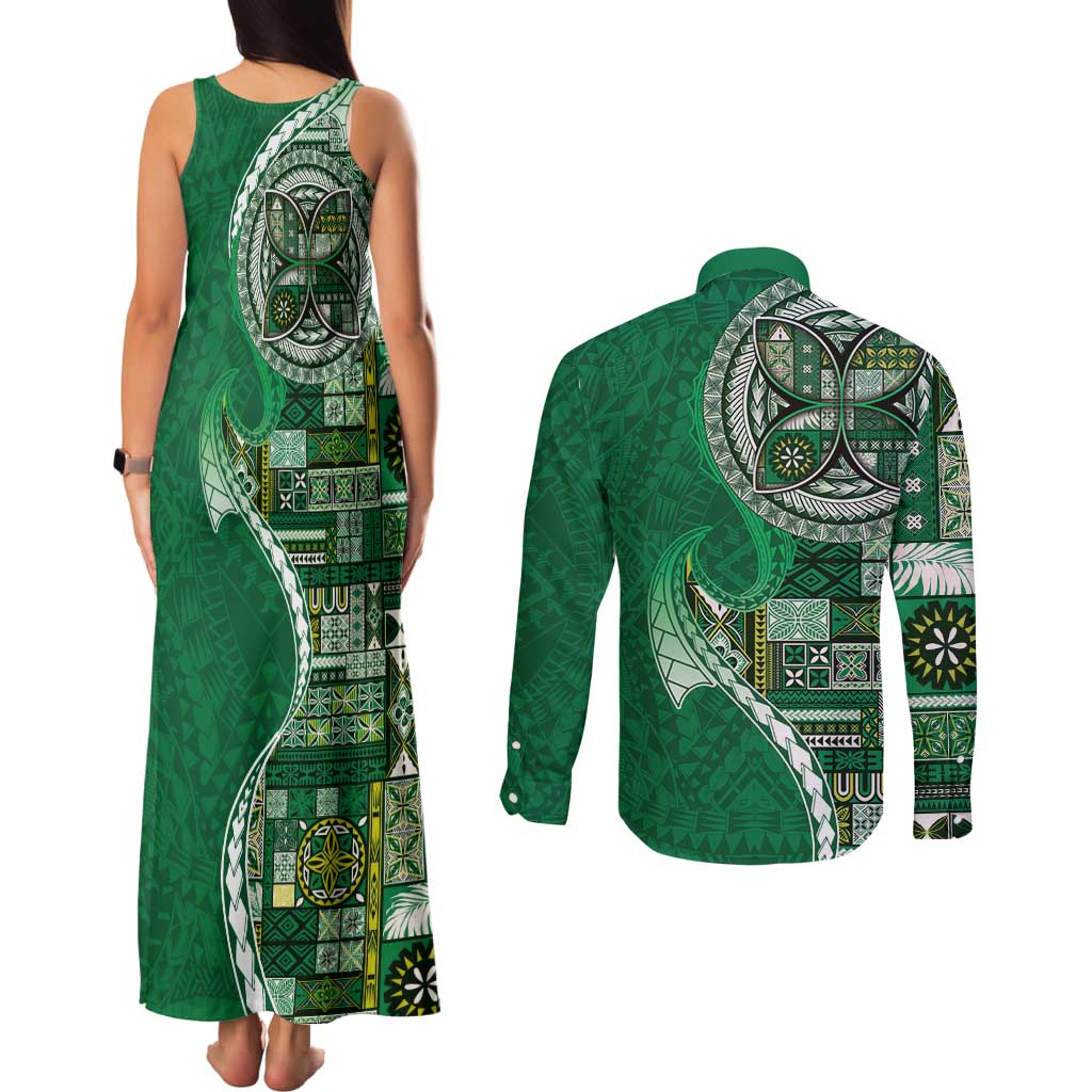 Samoan Siapo Art Tattoo Polynesian Pattern Couples Matching Tank Maxi Dress and Long Sleeve Button Shirt Green Color - Polynesian Pride