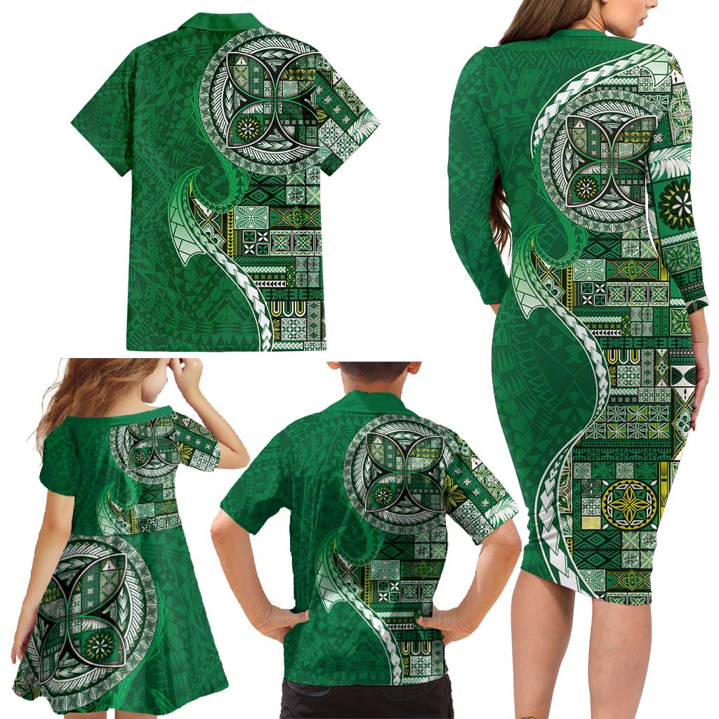 Samoan Siapo Art Tattoo Polynesian Pattern Family Matching Long Sleeve Bodycon Dress and Hawaiian Shirt Green Color - Polynesian Pride