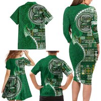 Samoan Siapo Art Tattoo Polynesian Pattern Family Matching Long Sleeve Bodycon Dress and Hawaiian Shirt Green Color - Polynesian Pride