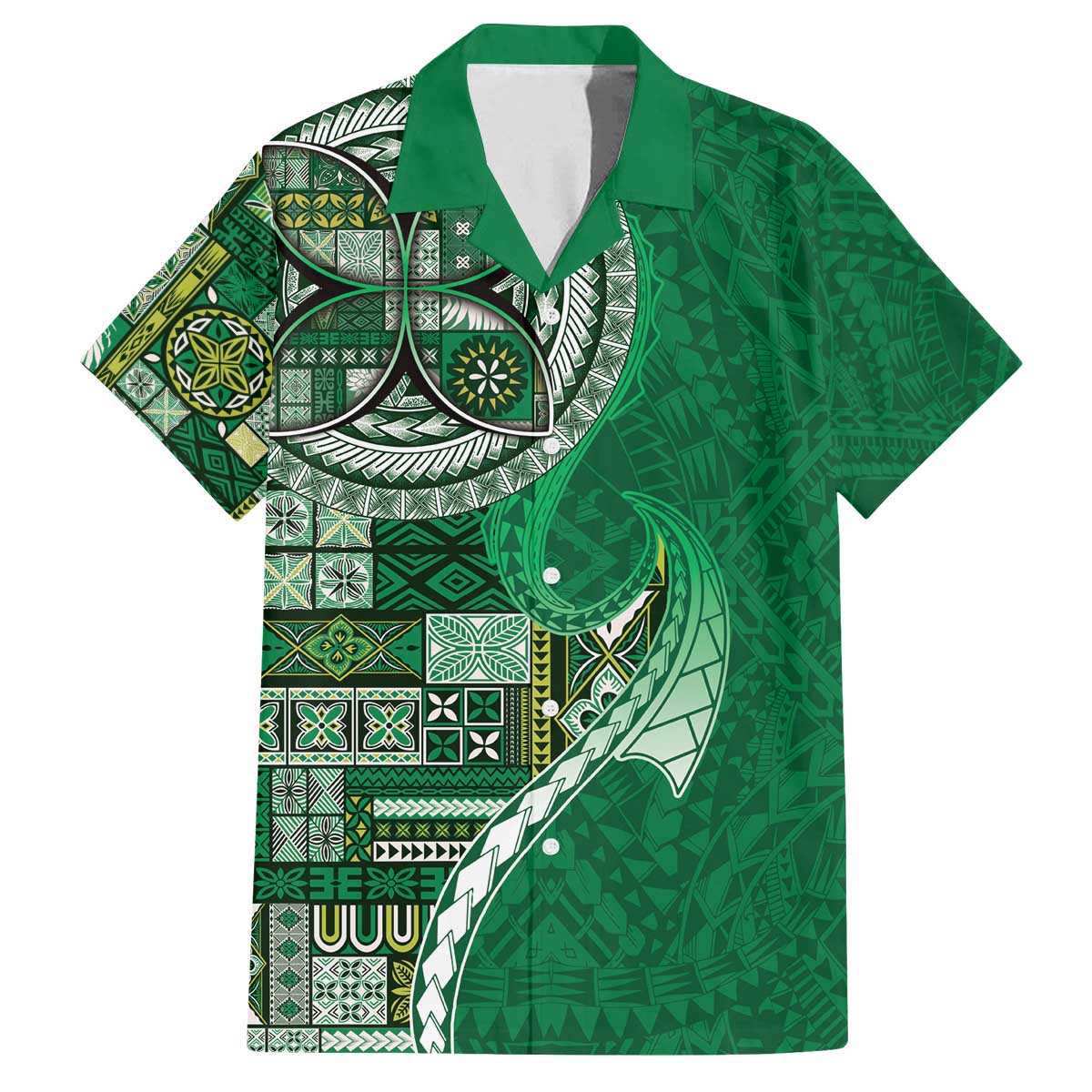 Samoan Siapo Art Tattoo Polynesian Pattern Family Matching Off The Shoulder Long Sleeve Dress and Hawaiian Shirt Green Color - Polynesian Pride