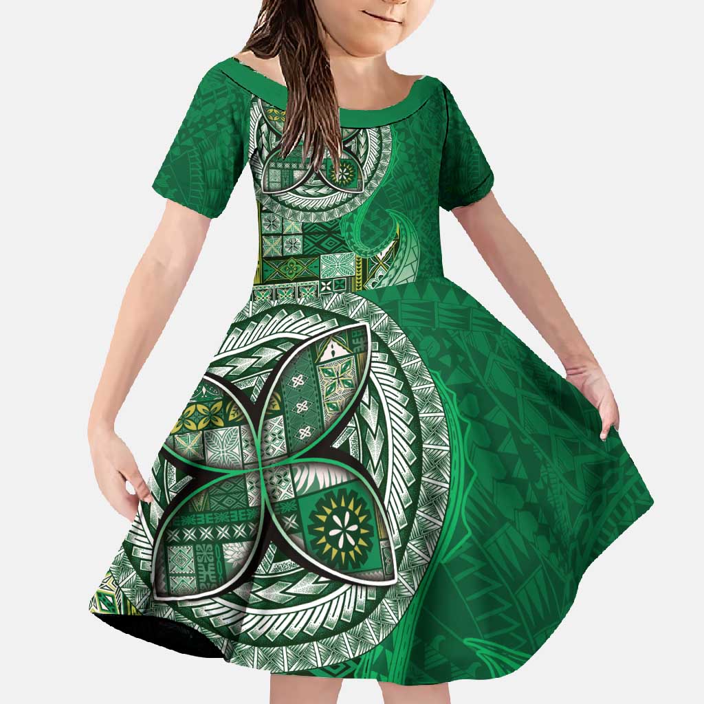 Samoan Siapo Art Tattoo Polynesian Pattern Family Matching Off Shoulder Maxi Dress and Hawaiian Shirt Green Color - Polynesian Pride