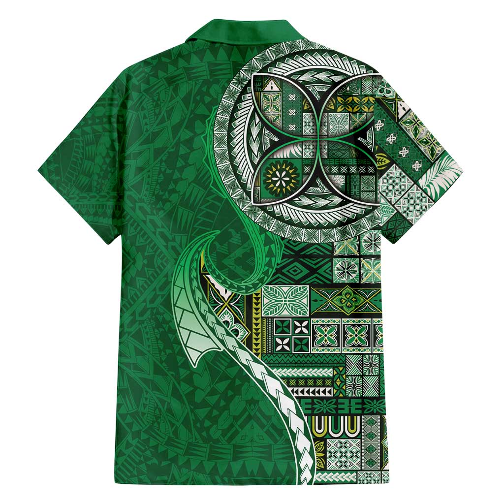Samoan Siapo Art Tattoo Polynesian Pattern Family Matching Off Shoulder Short Dress and Hawaiian Shirt Green Color - Polynesian Pride