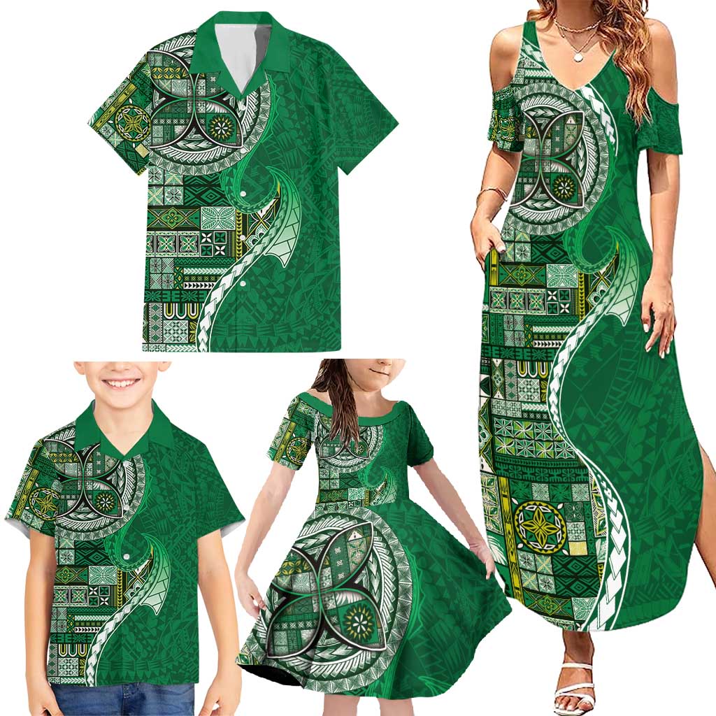 Samoan Siapo Art Tattoo Polynesian Pattern Family Matching Summer Maxi Dress and Hawaiian Shirt Green Color - Polynesian Pride