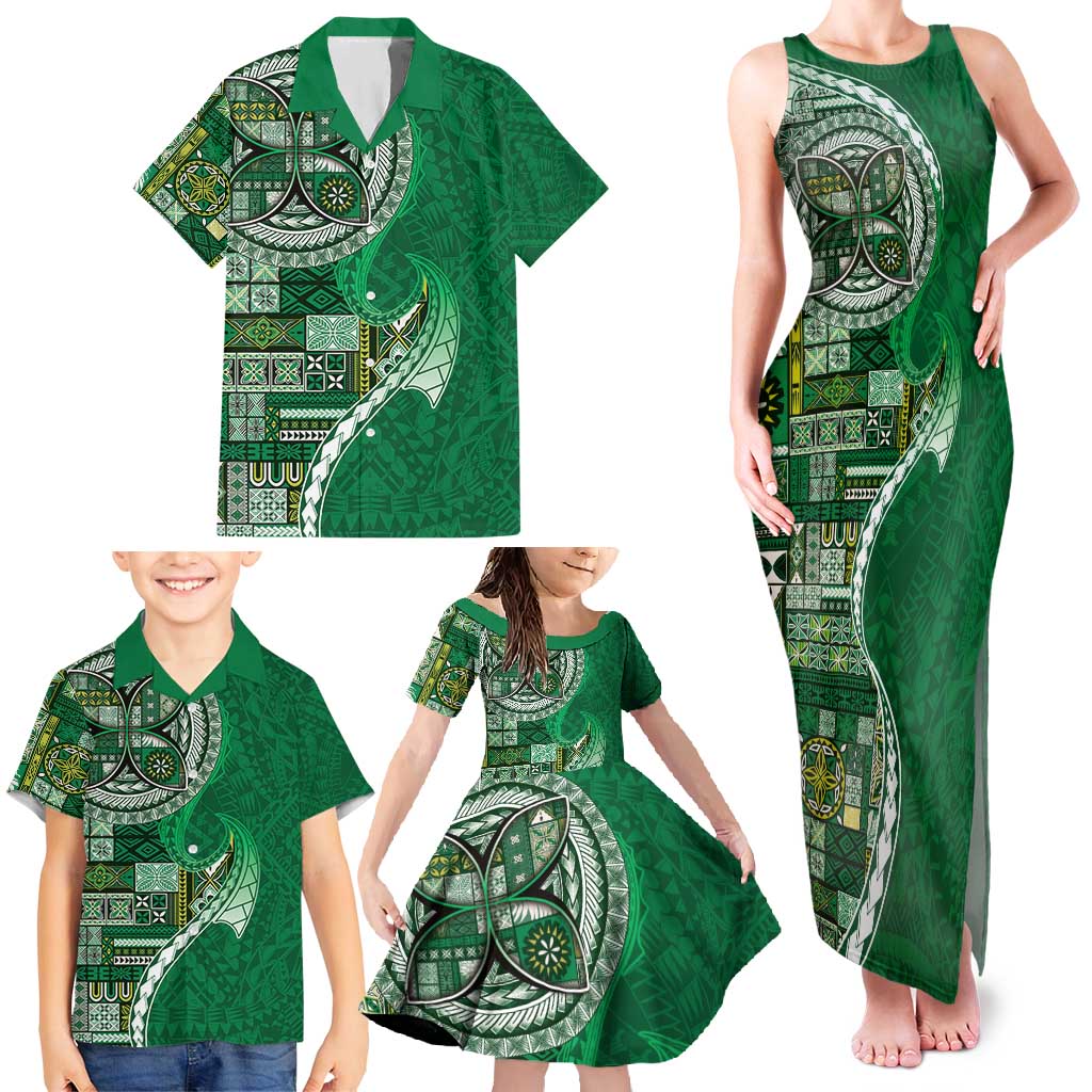 Samoan Siapo Art Tattoo Polynesian Pattern Family Matching Tank Maxi Dress and Hawaiian Shirt Green Color - Polynesian Pride