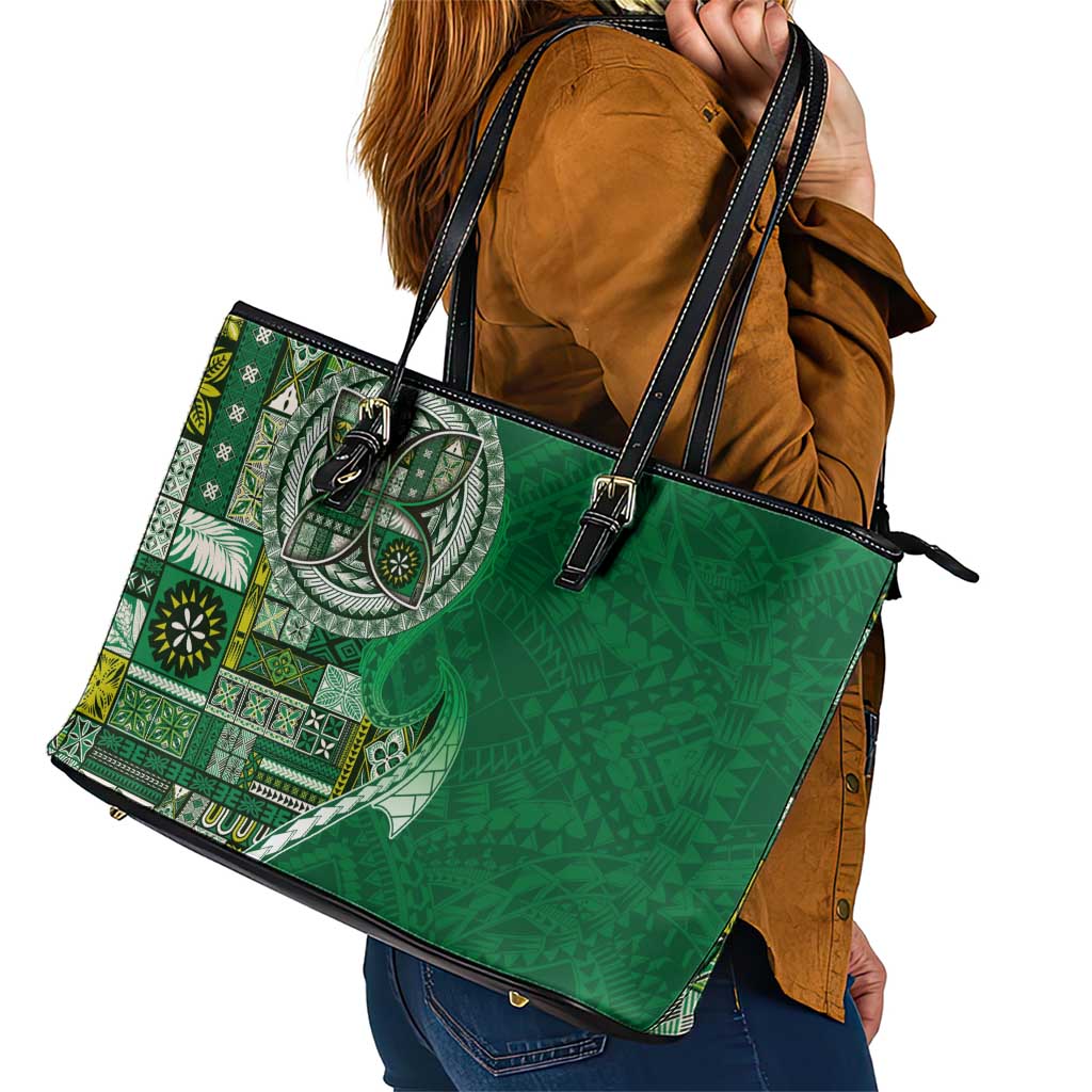 Samoan Siapo Art Tattoo Polynesian Pattern Leather Tote Bag Green Color - Polynesian Pride