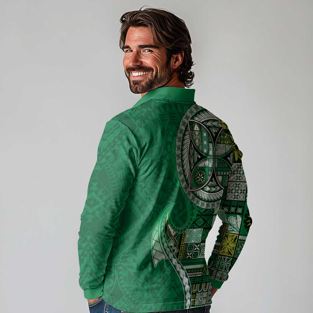 Samoan Siapo Art Tattoo Polynesian Pattern Long Sleeve Polo Shirt Green Color - Polynesian Pride