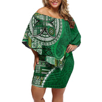 Samoan Siapo Art Tattoo Polynesian Pattern Off Shoulder Short Dress Green Color - Polynesian Pride