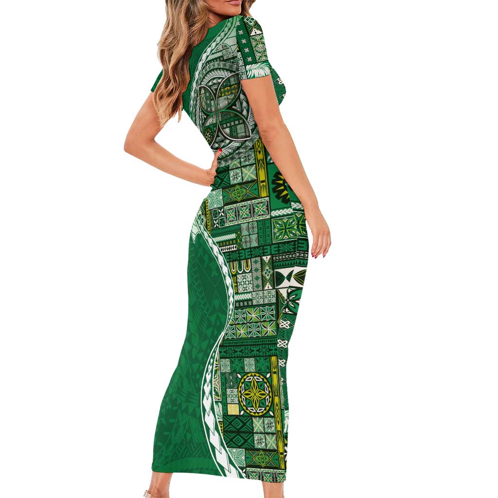 Samoan Siapo Art Tattoo Polynesian Pattern Short Sleeve Bodycon Dress Green Color - Polynesian Pride