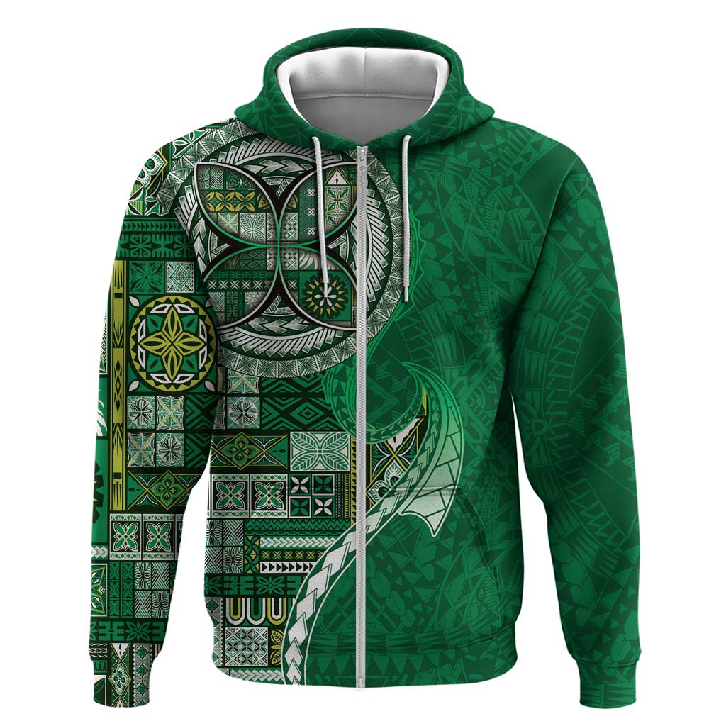 Samoan Siapo Art Tattoo Polynesian Pattern Zip Hoodie Green Color - Polynesian Pride