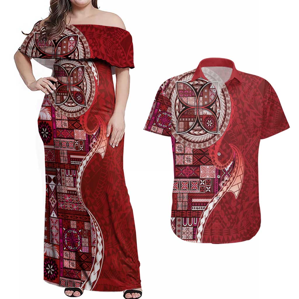Samoan Siapo Art Tattoo Polynesian Pattern Couples Matching Off Shoulder Maxi Dress and Hawaiian Shirt Red Color - Polynesian Pride