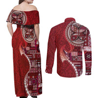 Samoan Siapo Art Tattoo Polynesian Pattern Couples Matching Off Shoulder Maxi Dress and Long Sleeve Button Shirt Red Color - Polynesian Pride