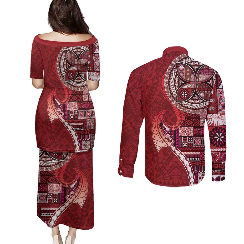 Samoan Siapo Art Tattoo Polynesian Pattern Couples Matching Puletasi and Long Sleeve Button Shirt Red Color - Polynesian Pride