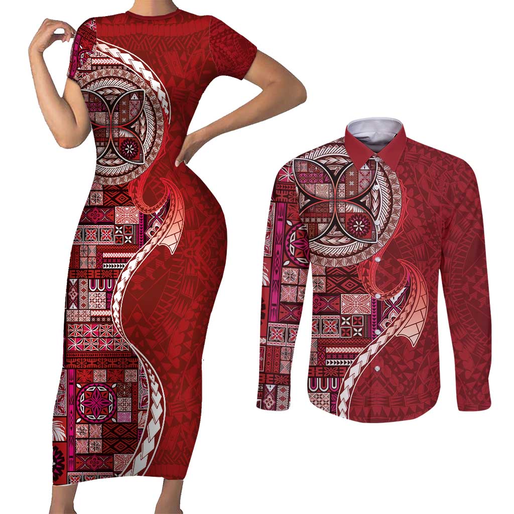 Samoan Siapo Art Tattoo Polynesian Pattern Couples Matching Short Sleeve Bodycon Dress and Long Sleeve Button Shirt Red Color - Polynesian Pride