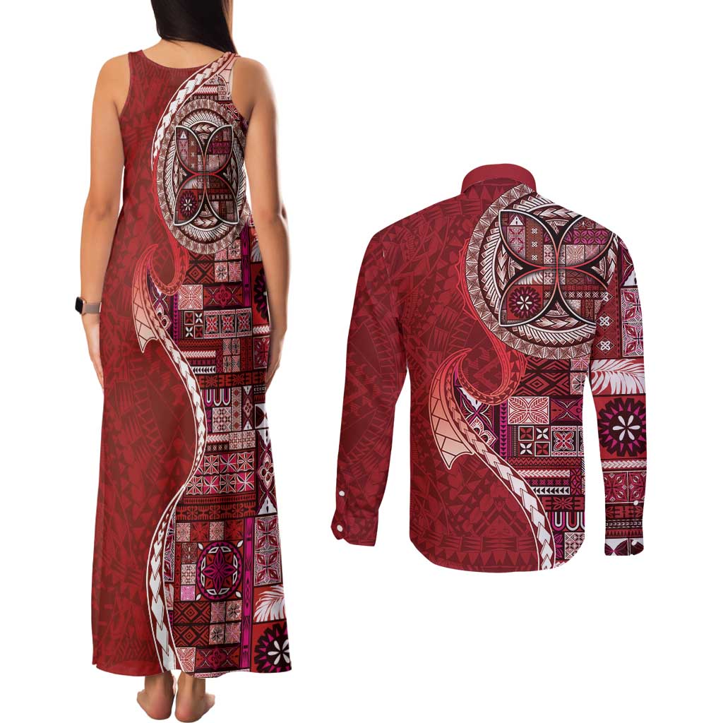 Samoan Siapo Art Tattoo Polynesian Pattern Couples Matching Tank Maxi Dress and Long Sleeve Button Shirt Red Color - Polynesian Pride