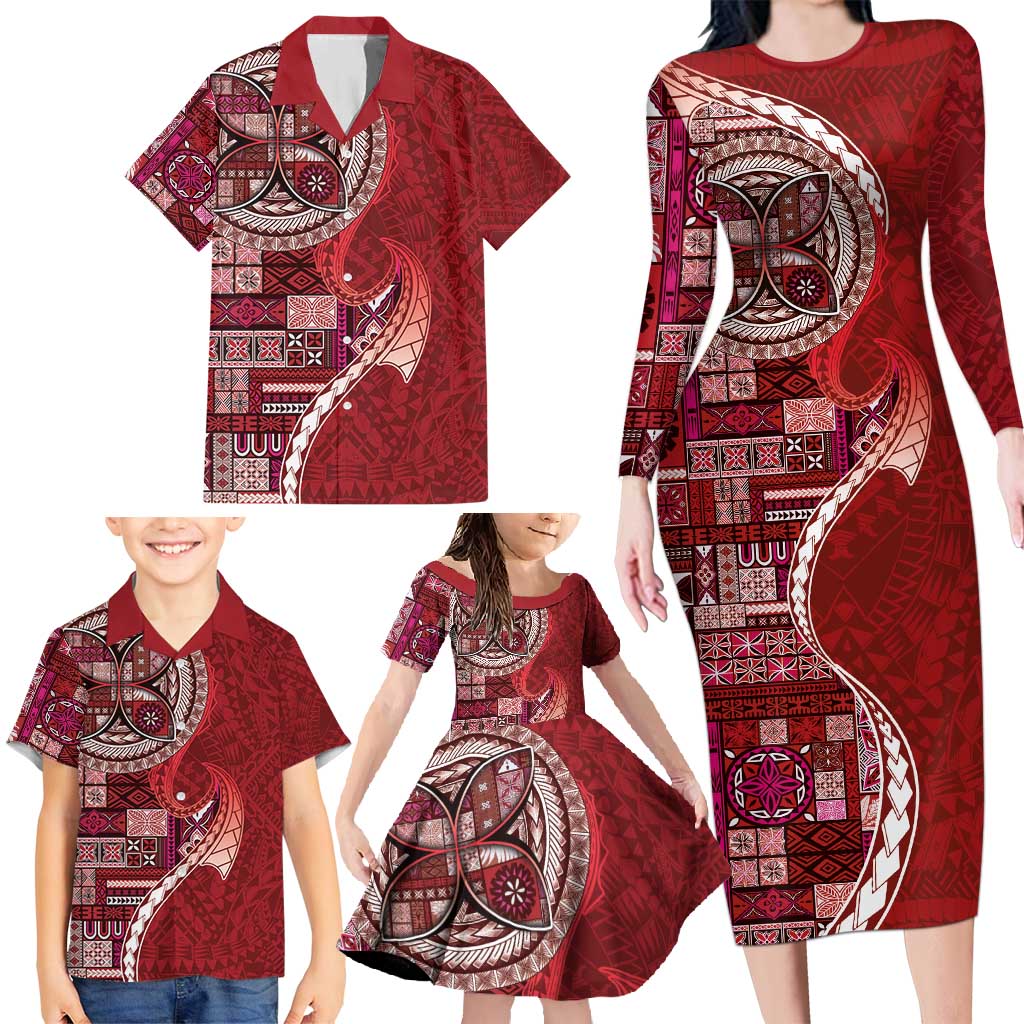 Samoan Siapo Art Tattoo Polynesian Pattern Family Matching Long Sleeve Bodycon Dress and Hawaiian Shirt Red Color - Polynesian Pride