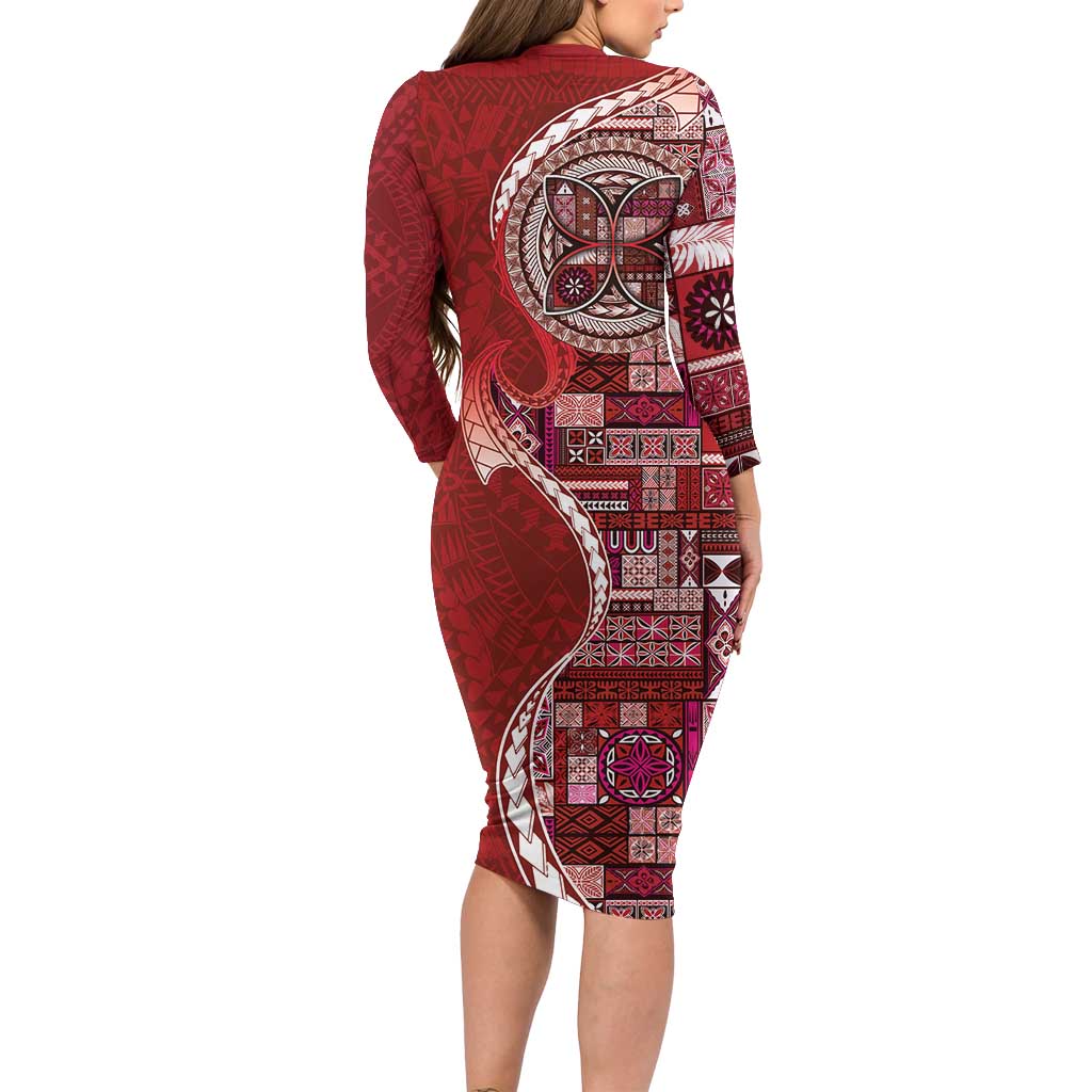 Samoan Siapo Art Tattoo Polynesian Pattern Family Matching Long Sleeve Bodycon Dress and Hawaiian Shirt Red Color - Polynesian Pride
