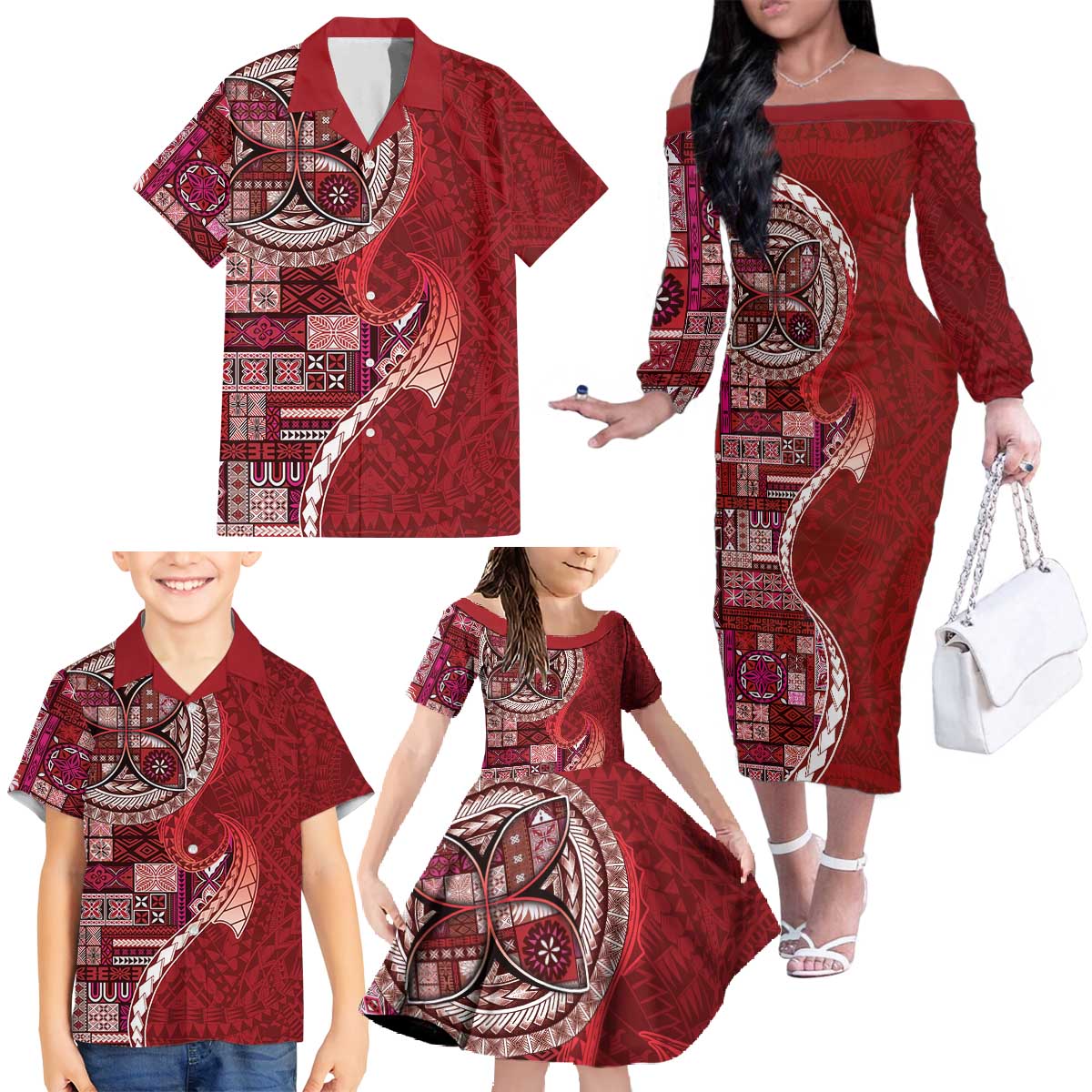 Samoan Siapo Art Tattoo Polynesian Pattern Family Matching Off The Shoulder Long Sleeve Dress and Hawaiian Shirt Red Color - Polynesian Pride