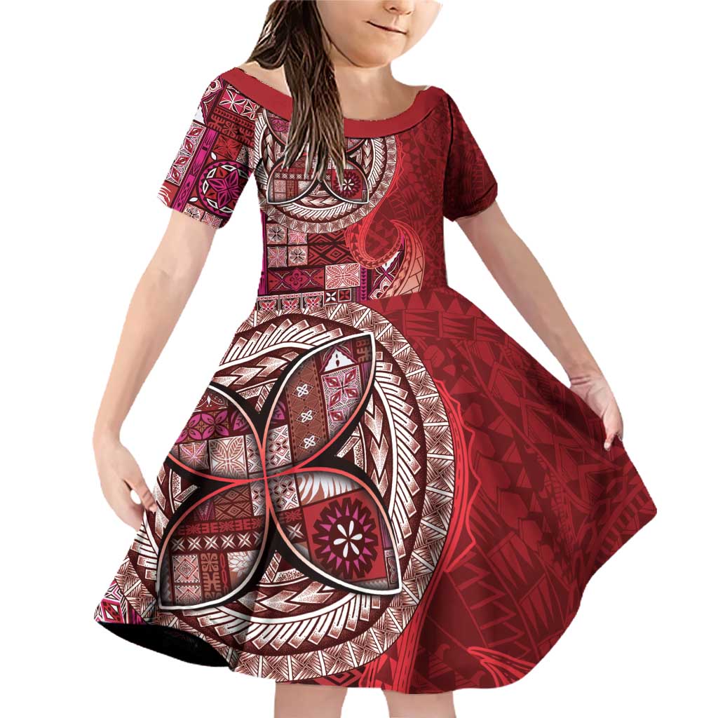 Samoan Siapo Art Tattoo Polynesian Pattern Family Matching Off Shoulder Short Dress and Hawaiian Shirt Red Color - Polynesian Pride
