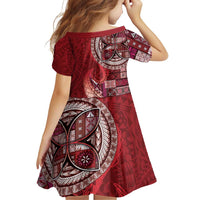 Samoan Siapo Art Tattoo Polynesian Pattern Family Matching Off Shoulder Short Dress and Hawaiian Shirt Red Color - Polynesian Pride
