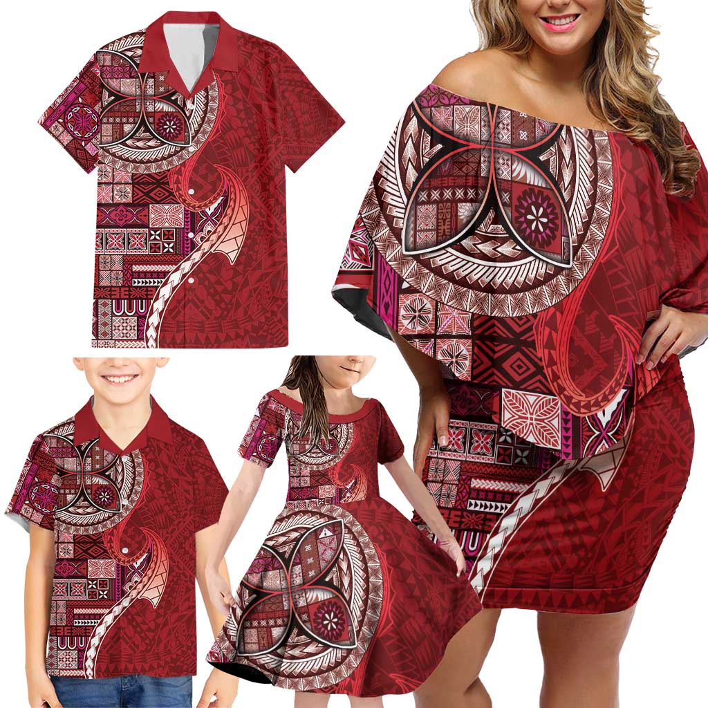 Samoan Siapo Art Tattoo Polynesian Pattern Family Matching Off Shoulder Short Dress and Hawaiian Shirt Red Color - Polynesian Pride