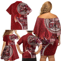 Samoan Siapo Art Tattoo Polynesian Pattern Family Matching Off Shoulder Short Dress and Hawaiian Shirt Red Color - Polynesian Pride