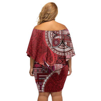 Samoan Siapo Art Tattoo Polynesian Pattern Family Matching Off Shoulder Short Dress and Hawaiian Shirt Red Color - Polynesian Pride