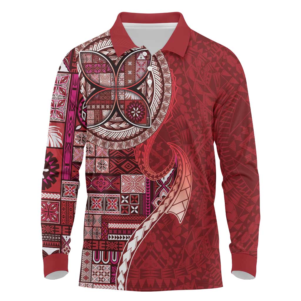 Samoan Siapo Art Tattoo Polynesian Pattern Long Sleeve Polo Shirt Red Color - Polynesian Pride