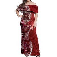 Samoan Siapo Art Tattoo Polynesian Pattern Off Shoulder Maxi Dress Red Color - Polynesian Pride