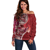 Samoan Siapo Art Tattoo Polynesian Pattern Off Shoulder Sweater Red Color - Polynesian Pride