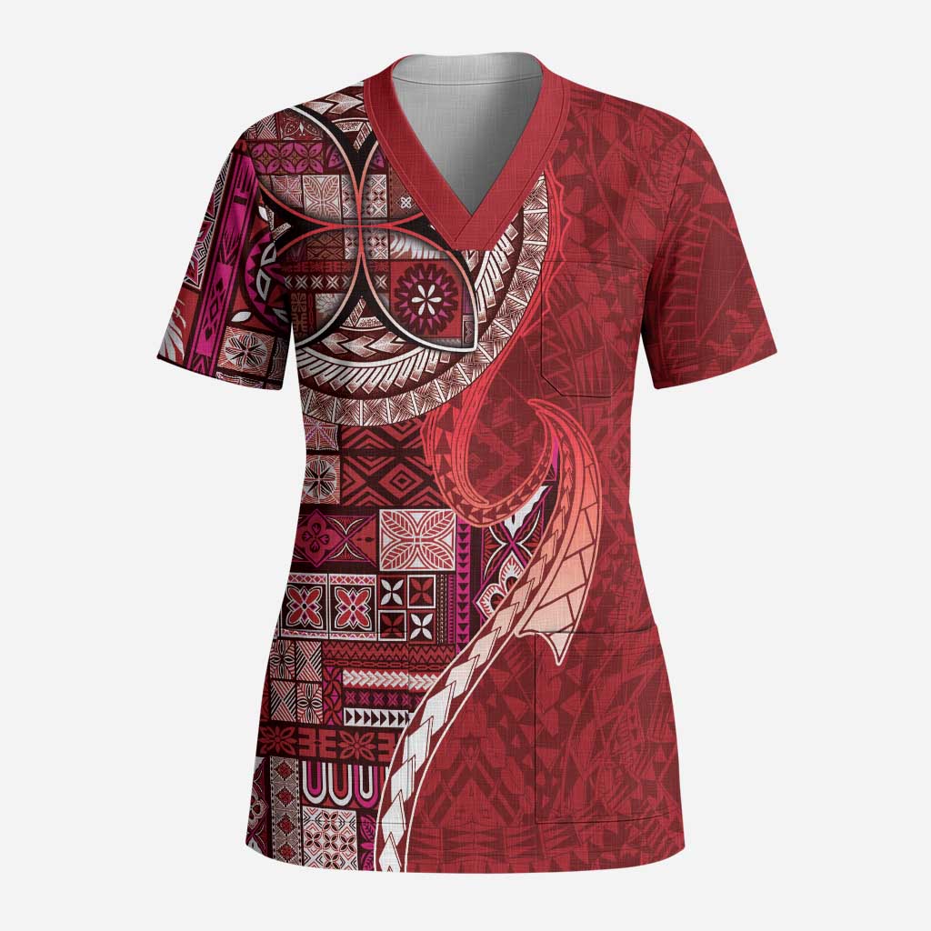 Samoan Siapo Art Tattoo Polynesian Pattern Scrub Top Red Color - Polynesian Pride