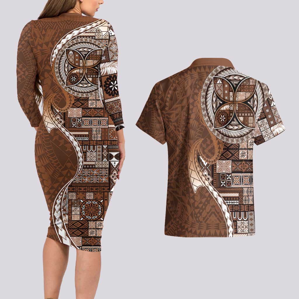 Samoan Siapo Art Tattoo Polynesian Pattern Couples Matching Long Sleeve Bodycon Dress and Hawaiian Shirt Brown Color - Polynesian Pride
