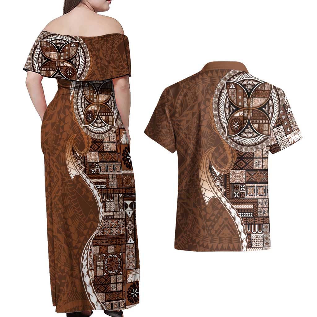 Samoan Siapo Art Tattoo Polynesian Pattern Couples Matching Off Shoulder Maxi Dress and Hawaiian Shirt Brown Color - Polynesian Pride