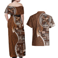 Samoan Siapo Art Tattoo Polynesian Pattern Couples Matching Off Shoulder Maxi Dress and Hawaiian Shirt Brown Color - Polynesian Pride