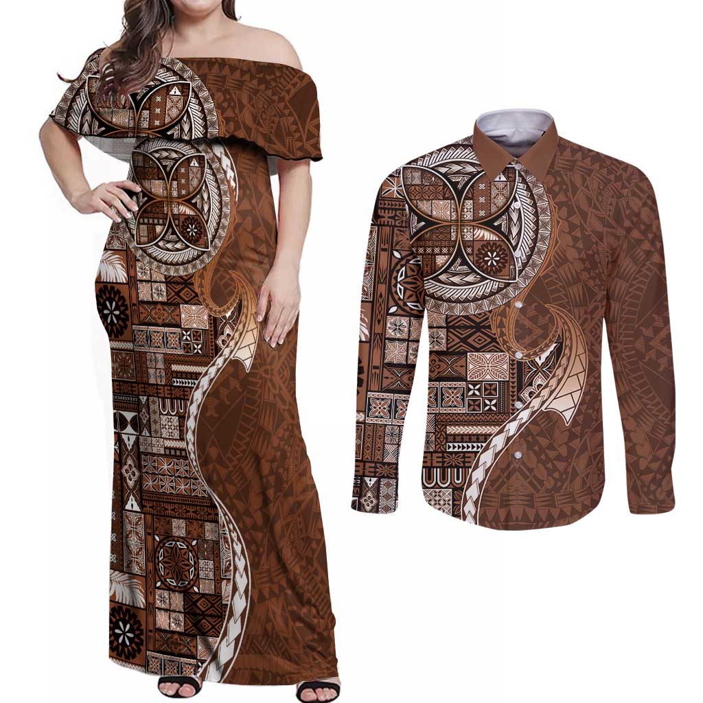 Samoan Siapo Art Tattoo Polynesian Pattern Couples Matching Off Shoulder Maxi Dress and Long Sleeve Button Shirt Brown Color - Polynesian Pride
