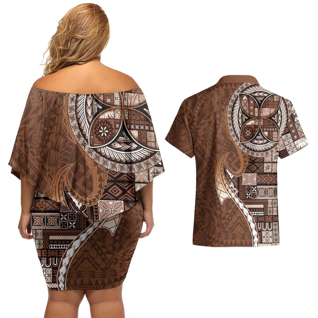 Samoan Siapo Art Tattoo Polynesian Pattern Couples Matching Off Shoulder Short Dress and Hawaiian Shirt Brown Color - Polynesian Pride