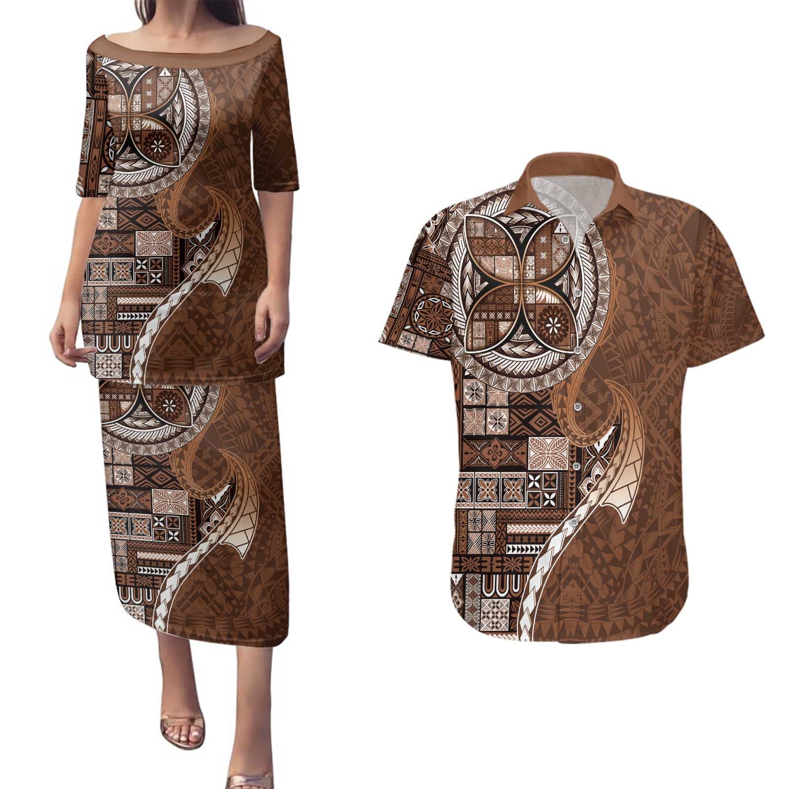 Samoan Siapo Art Tattoo Polynesian Pattern Couples Matching Puletasi and Hawaiian Shirt Brown Color - Polynesian Pride