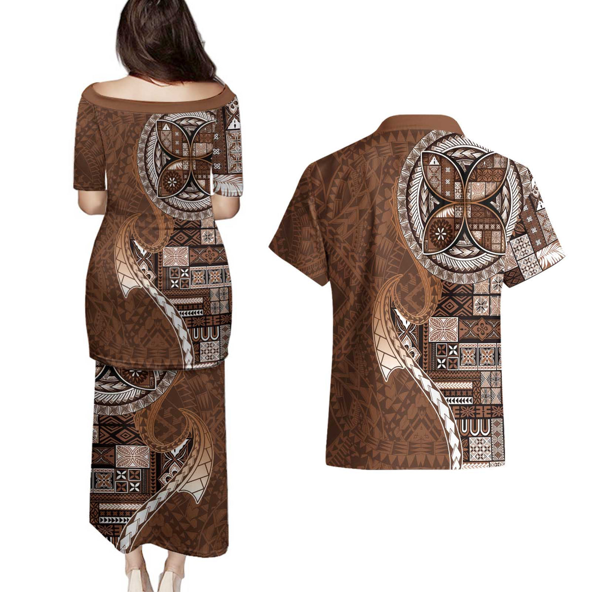 Samoan Siapo Art Tattoo Polynesian Pattern Couples Matching Puletasi and Hawaiian Shirt Brown Color - Polynesian Pride
