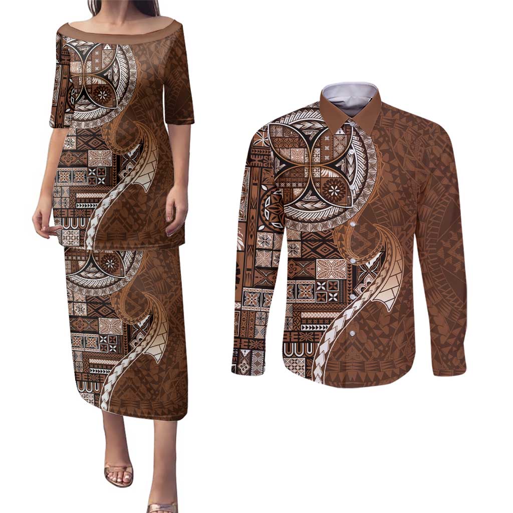 Samoan Siapo Art Tattoo Polynesian Pattern Couples Matching Puletasi and Long Sleeve Button Shirt Brown Color - Polynesian Pride