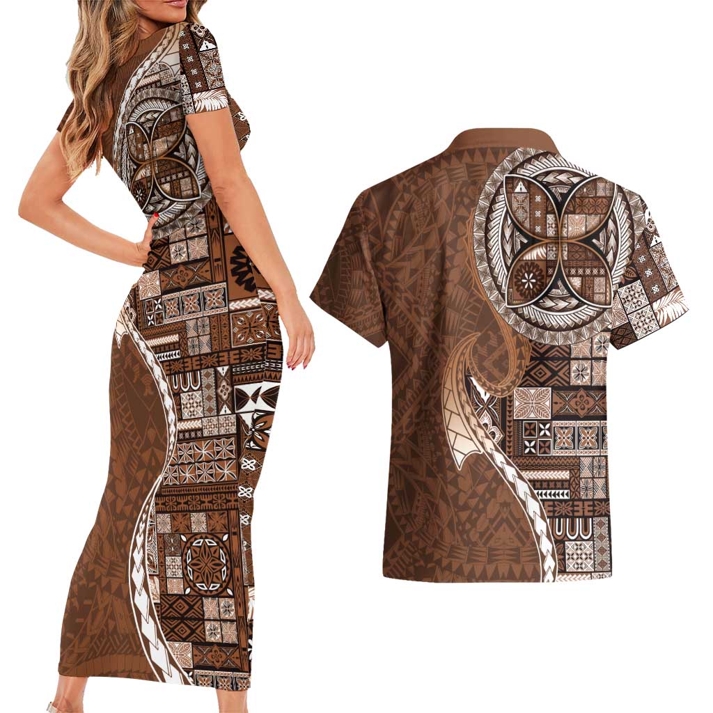 Samoan Siapo Art Tattoo Polynesian Pattern Couples Matching Short Sleeve Bodycon Dress and Hawaiian Shirt Brown Color - Polynesian Pride