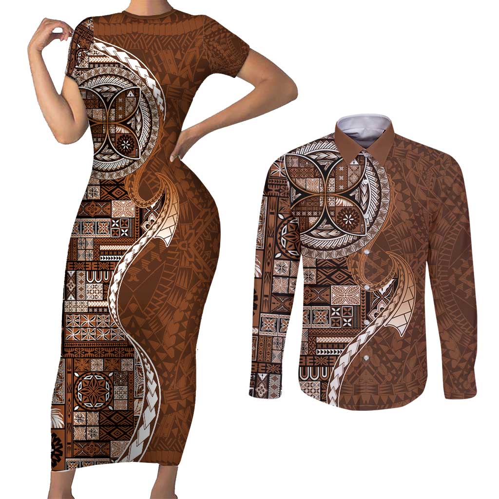 Samoan Siapo Art Tattoo Polynesian Pattern Couples Matching Short Sleeve Bodycon Dress and Long Sleeve Button Shirt Brown Color - Polynesian Pride